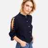 Stand Collar Pearl Beading Blouse Women 3/4 Sleeve Split Shoulder Plain Top Navy Casual Button Shirt