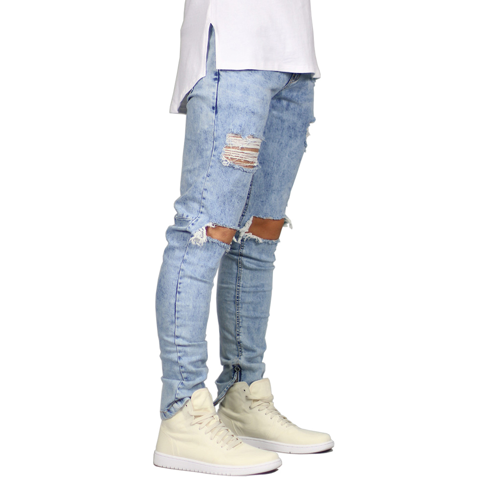 Men Jeans Stretch Destroyed Ripped Design Fashion Ankle Zipper Skinny ...