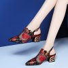 High Heels Sandal Women Pump Shoes Pointed toe Ankle Buckle Strap Ethnic Embroidery Flower Handmade